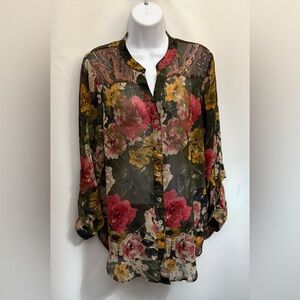 FIG & FLOWER Anthropologie Shirt Blouse Women M Floral Paisley V-Neck Sheer EUC